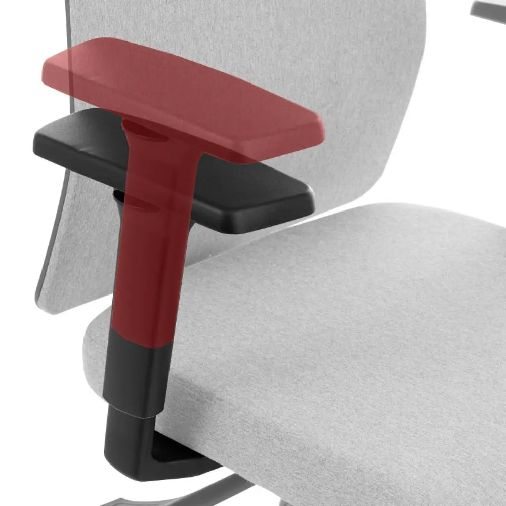 Proizvod je ergonomska uredska stolica, točnije model "ZN-805-C". Slika prikazuje krupni plan naslona za ruke stolice, koji ima crveno-crni dizajn. Naslon za ruke se može podešavati, povećavajući udobnost i potporu za korisnika. Stolica ima modernu estetiku sa sjedalom od svijetlosive tkanine.