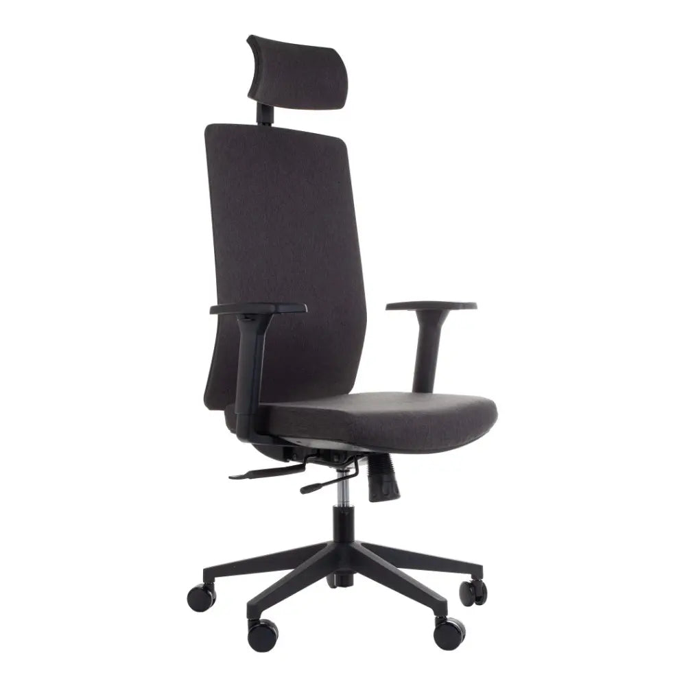 Proizvod je ergonomska uredska stolica, model ZN-807-B. Stolica ima visoki naslon za leđa, podesivi naslon za glavu i naslone za ruke, sve dizajnirano za udobnost i potporu tijekom dugotrajne uporabe. Ima elegantan, moderan dizajn s presvlakom od tamne tkanine i čvrstu bazu s kotačićima za mobilnost.