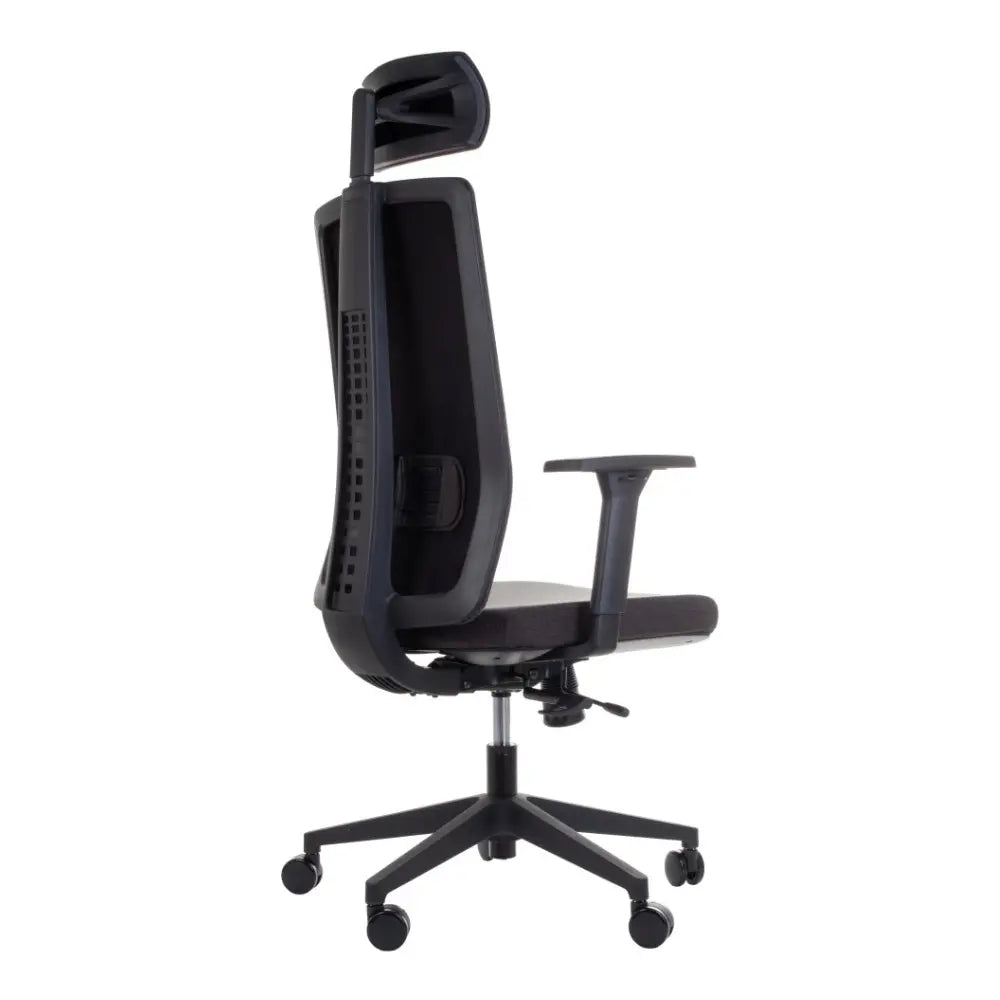 Proizvod je ergonomska uredska stolica, model "ZN-807-B". Slika prikazuje stolicu sa strane, ističući njezin visoki naslon za leđa, podesivi naslon za glavu i naslone za ruke. Dizajn karakterizira elegantna crna završna obrada s ventilacijskim otvorima na stražnjoj strani za bolji protok zraka. Stolica je postavljena na bazu s pet krakova s kotačićima za mobilnost.