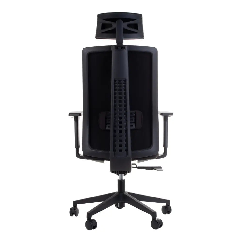 Proizvod je ergonomska uredska stolica, točnije model "ZN-807-B". Slika prikazuje pogled na stolicu s leđa, s elegantnim dizajnom s mrežastim naslonom za prozračnost, podesivim naslonima za ruke i čvrstom bazom s kotačićima za mobilnost. Stolica također uključuje naslon za glavu za dodatnu potporu.