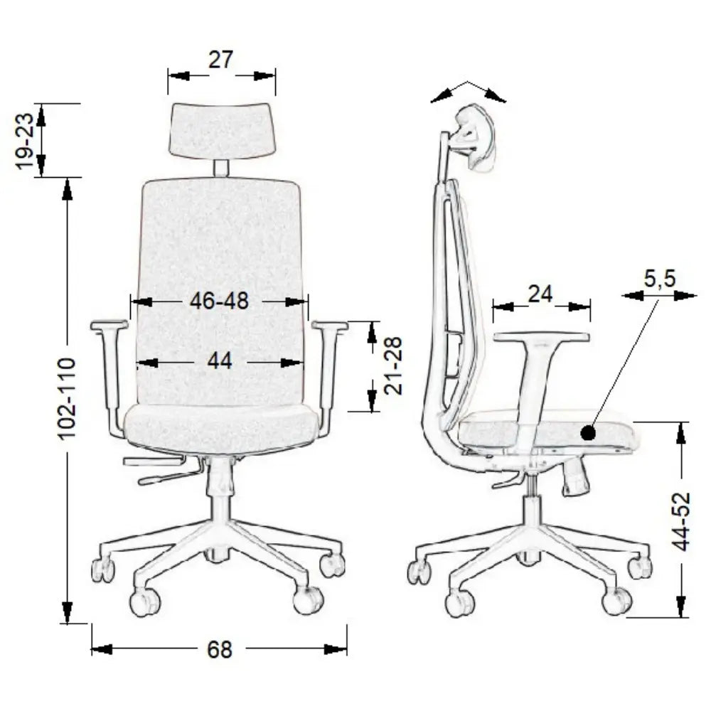 Proizvod je ergonomska uredska stolica, točnije model "ZN-807-B". Slika prikazuje tehnički crtež stolice, prikazujući njezine dimenzije i značajke, uključujući visoki naslon za leđa, podesivi naslon za glavu i naslone za ruke, zajedno s bazom u pet točaka s kotačićima za mobilnost.
