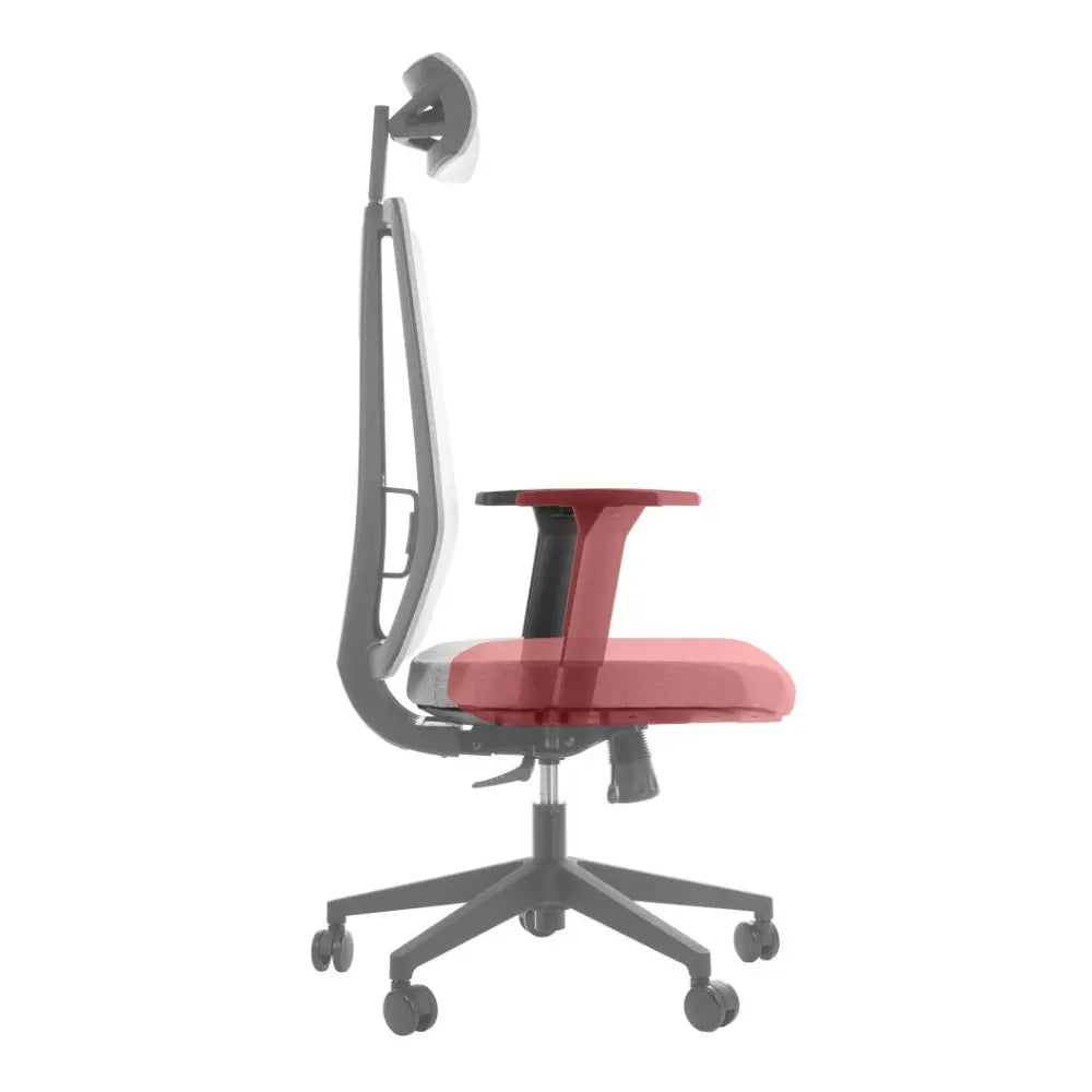 Slika prikazuje ergonomsku uredsku stolicu, točnije model "ZN-807-B." Stolica ima moderan dizajn s istaknutim naslonom za leđa, podesivim naslonima za ruke i udobnim sjedalom. Kombinacija boja uključuje upečatljivo crveno sjedalo i naslone za ruke, što je u kontrastu sa svjetlijim okvirom, ističući njezinu suvremenu estetiku.