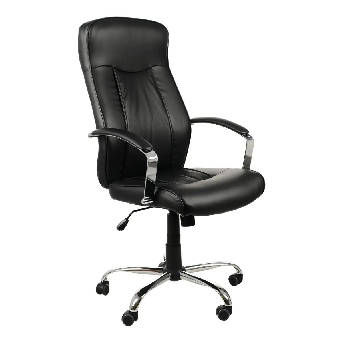 Proizvod je ergonomska uredska stolica, model ZN-9152. Odlikuje se elegantnim crnim dizajnom s podstavljenim sjedalom i naslonom za leđa, kromiranim naslonima za ruke i bazom u pet zvjezdica s kotačićima za mobilnost. Stolica je dizajnirana za udobnost i potporu tijekom dugih sati uporabe.