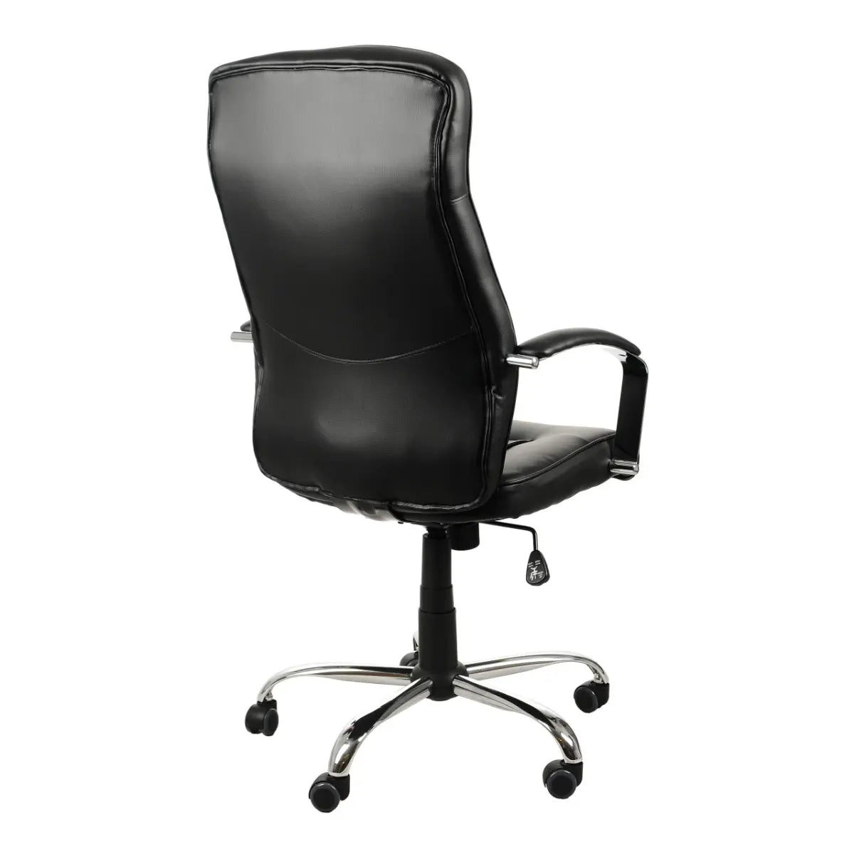 Proizvod je ergonomska uredska stolica, točnije model ZN-9152. Slika prikazuje pogled na stolicu s leđa, koja ima elegantnu završnu obradu od crne kože, visoki naslon za leđa i naslone za ruke. Stolica je montirana na kromiranu bazu s rotirajućim kotačićima za mobilnost.