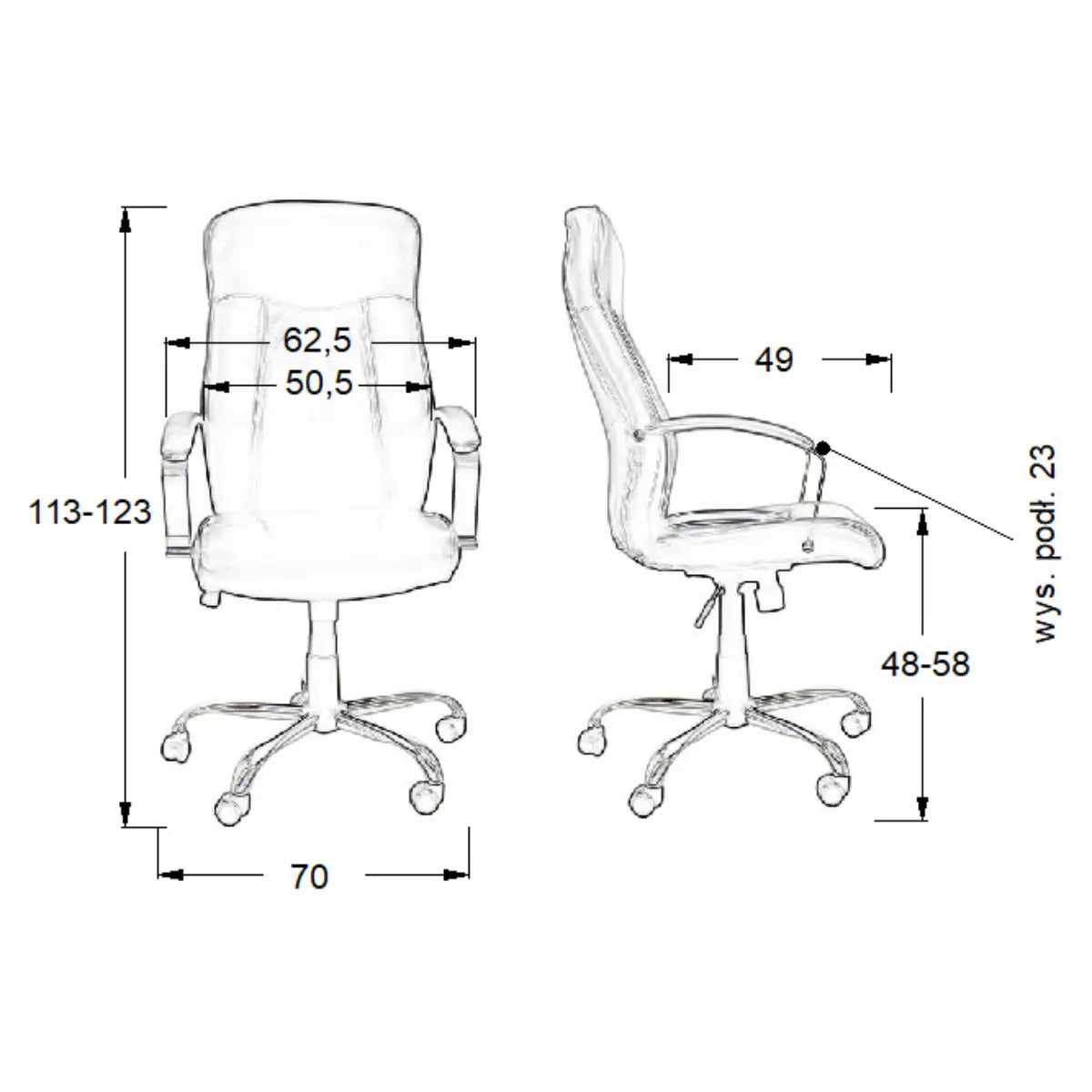 Slika prikazuje ergonomsku uredsku stolicu, model ZN-9152. Karakterizira je visoki naslon za leđa, podesivi nasloni za ruke i baza s pet krakova s kotačićima za mobilnost. Dimenzije su jasno označene, prikazujući njezino podešavanje visine i širine za udobnost korisnika.