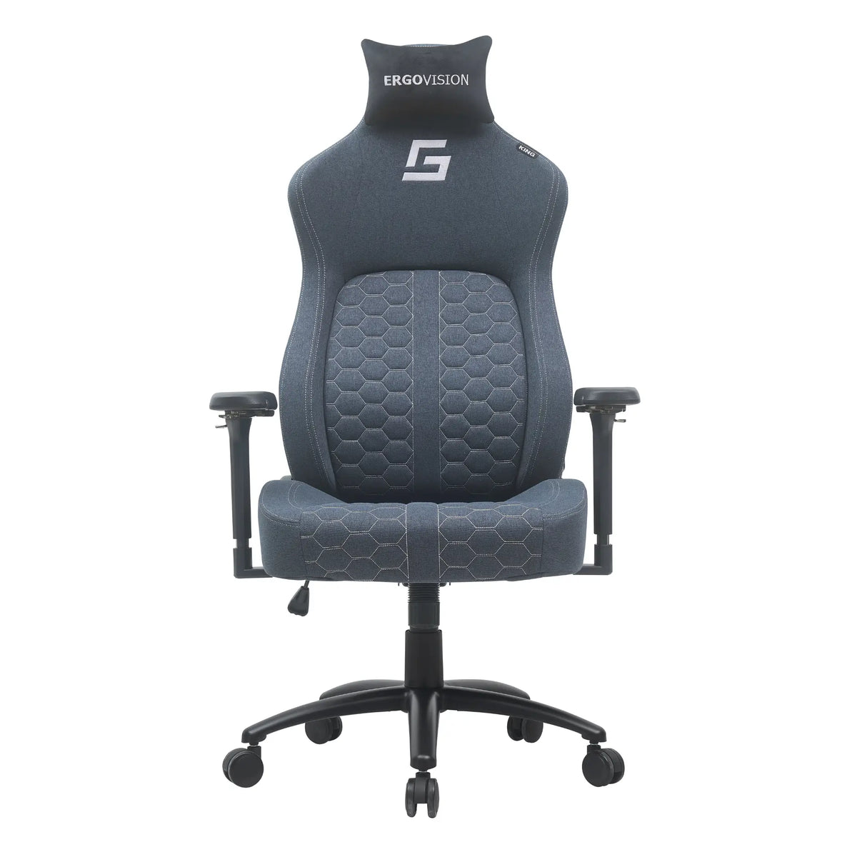 Slika prikazuje ergonomsku gaming stolicu, točnije model Ergovision. Stolica ima elegantan dizajn s heksagonalnim uzorkom na sjedalu i naslonu za leđa, pružajući udobnost i stil. Uključuje podesive naslone za ruke i potporni naslon za glavu, što je čini prikladnom za duge gaming sesije.