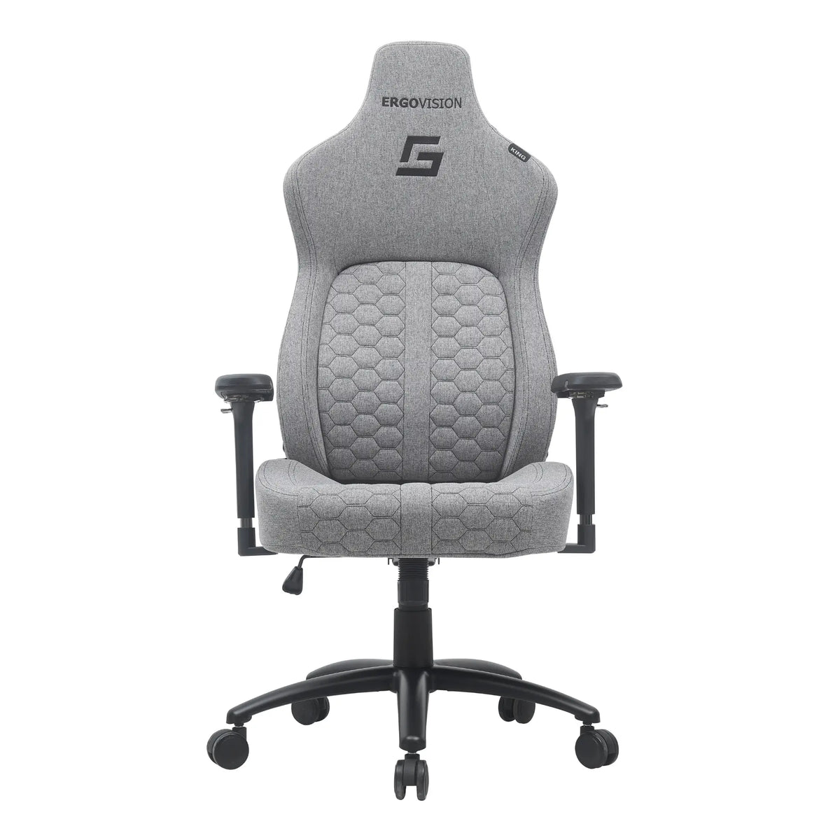 Proizvod je ergonomska gaming stolica, točnije model Ergovision. Stolica se odlikuje modernim dizajnom s tkaninom s heksagonalnim uzorkom u svijetlosivoj boji. Ima podesive naslone za ruke i polugu za podešavanje visine, što je čini prikladnom za duge gaming ili uredske sesije.