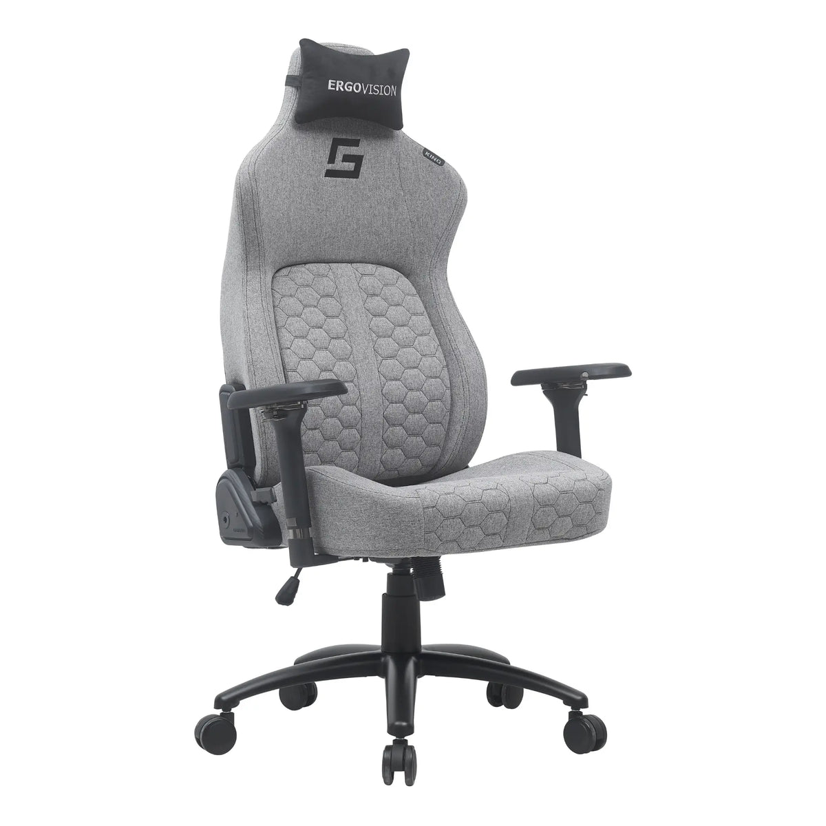 Proizvod je ergonomska gaming stolica dizajnirana za udobnost tijekom dugih sati korištenja. Odlikuje se modernim dizajnom s heksagonalnim uzorkom na sjedalu i naslonu za leđa te uključuje podesive naslone za ruke. Marka je Ergovision, a model se vjerojatno zove "Gaming Chair King". Stolica je prvenstveno siva s potpornim naslonom za glavu.
