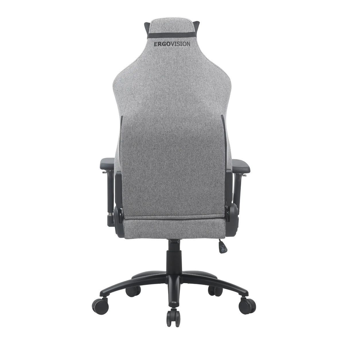Slika prikazuje ergonomsku gaming stolicu marke Ergovision. Stolica je dizajnirana s elegantnom sivom presvlakom od tkanine i ima visoki naslon za leđa za potporu. Uključuje podesive naslone za ruke i bazu s pet krakova s kotačićima za mobilnost, što je čini prikladnom za duge gaming ili uredske sesije.
