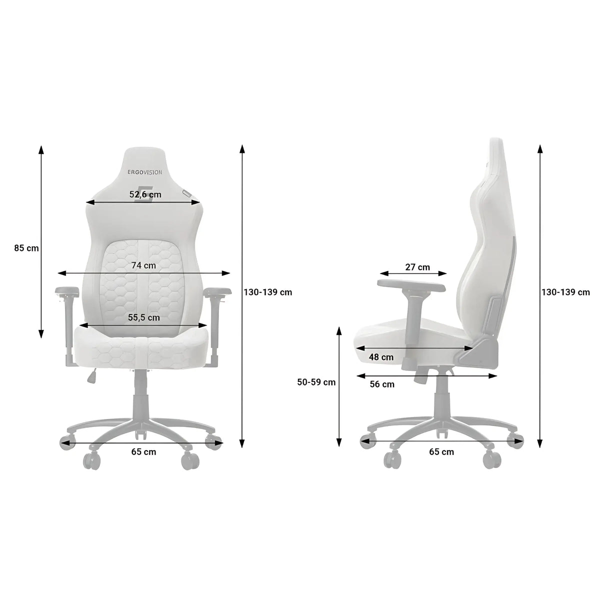 Proizvod je ergonomska gaming stolica, točnije "Gaming Chair King" marke Ergovision. Slika prikazuje stolicu s prednje i bočne strane, ističući njezine dimenzije i značajke dizajna. Odlikuje se visokim naslonom za leđa, podesivim naslonima za ruke i elegantnom bijelom završnom obradom, što je čini prikladnom za gaming ili uredsku upotrebu.