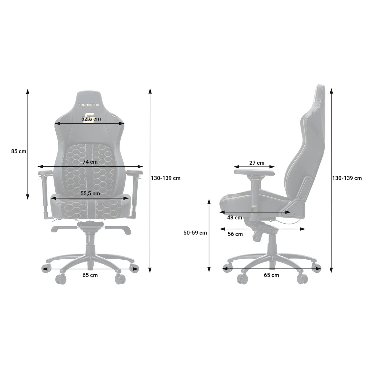 Slika prikazuje ergonomsku gaming stolicu, točnije "Gaming Chair King Deluxe" marke Ergovision. Stolica je dizajnirana za udobnost tijekom dugih gaming sesija, prikazujući elegantan dizajn s podesivim značajkama. Dimenzije su označene, ističući njezinu visinu i širinu, što je čini prikladnom za različite korisnike.