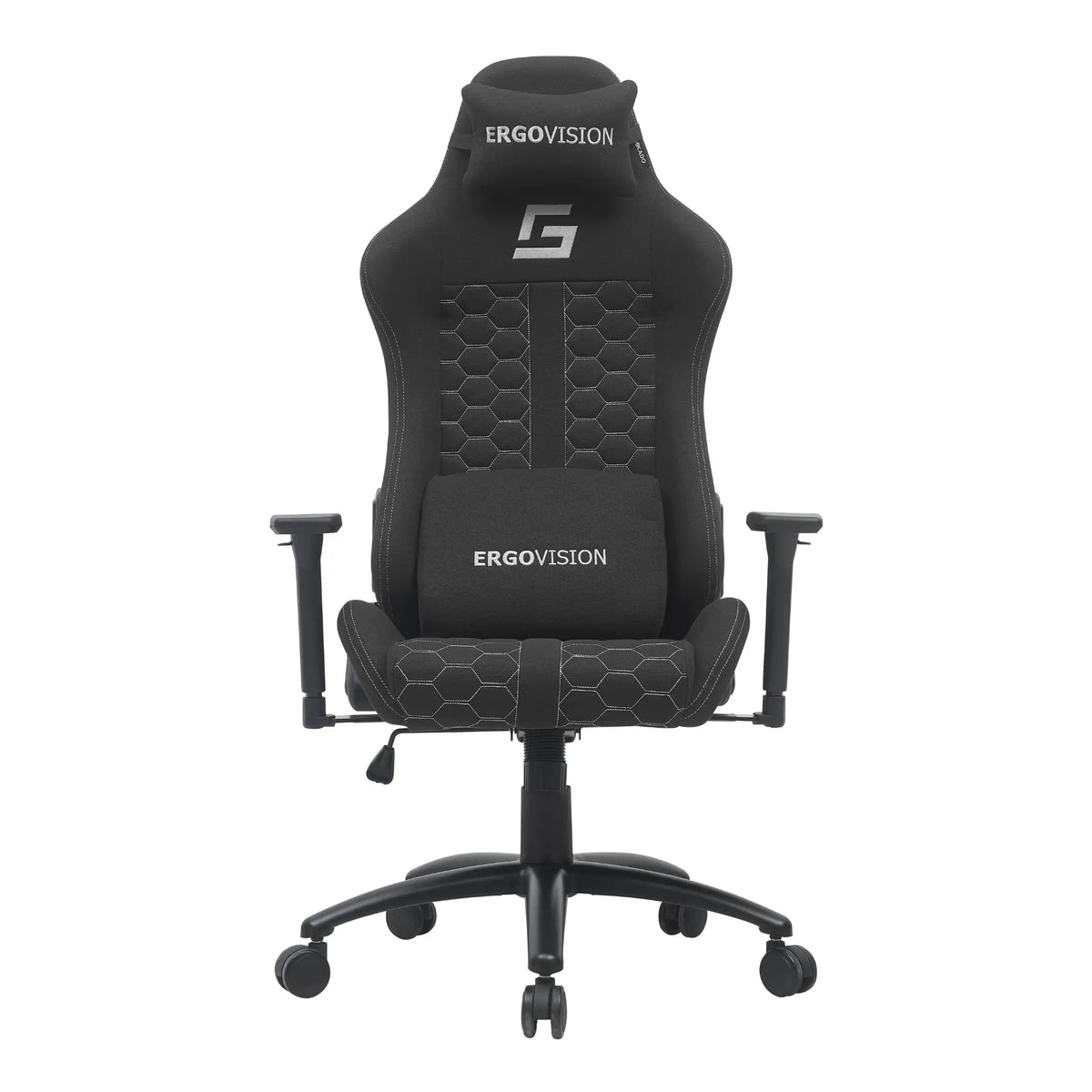 Proizvod je ergonomska gaming stolica, točnije model Mikado marke Ergovision. Stolica se odlikuje elegantnim dizajnom s crnom tkaninom i heksagonalnim uzorcima na naslonu za leđa i sjedalu. Uključuje podesive naslone za ruke i potporni naslon za glavu, što je čini prikladnom za duge gaming ili uredske sesije.