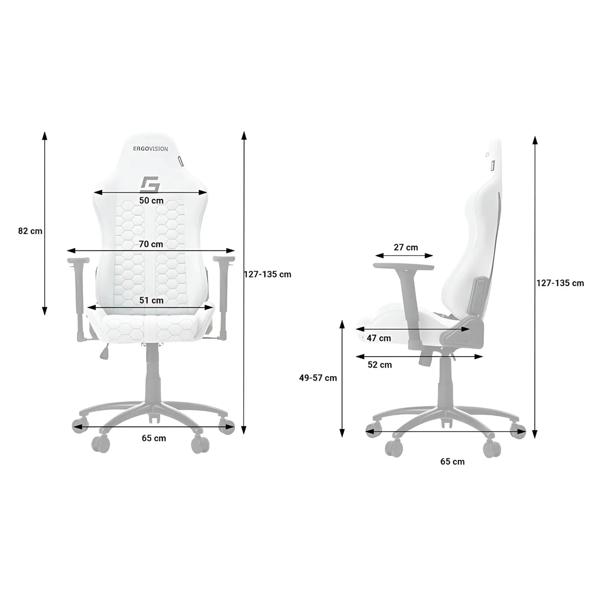 Slika prikazuje ergonomsku gaming stolicu marke Ergovision, model Mikado. Prikazuje dimenzije stolice, ističući njezin elegantan dizajn s bijelom shemom boja i šesterokutnim uzorkom na sjedalu i naslonu za leđa. Stolica je dizajnirana za udobnost tijekom dugih gaming sesija, s podesivom visinom i naslonima za ruke.