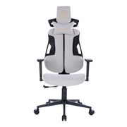 Slika prikazuje ergonomsku gaming stolicu, točnije model Spartacus. Ima moderan dizajn s presvlakom od svijetlosive tkanine i potpornim naslonom za glavu. Stolica je opremljena podesivim naslonima za ruke i čvrstom bazom s kotačićima, što je čini prikladnom za duge gaming ili uredske sesije.