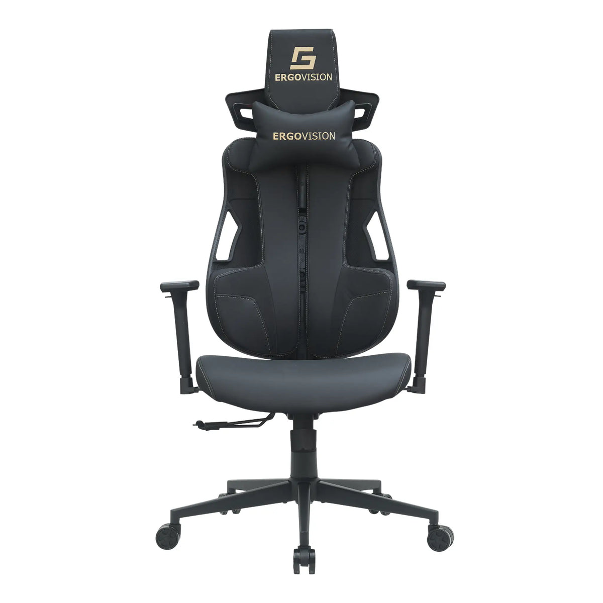 Slika prikazuje model ergonomske gaming stolice pod nazivom Spartacus marke Ergovision. Stolica ima elegantan crni dizajn s visokim naslonom za leđa, podesivim naslonima za ruke i potpornim naslonom za glavu, dizajniranim za udobnost tijekom dugih gaming sesija.