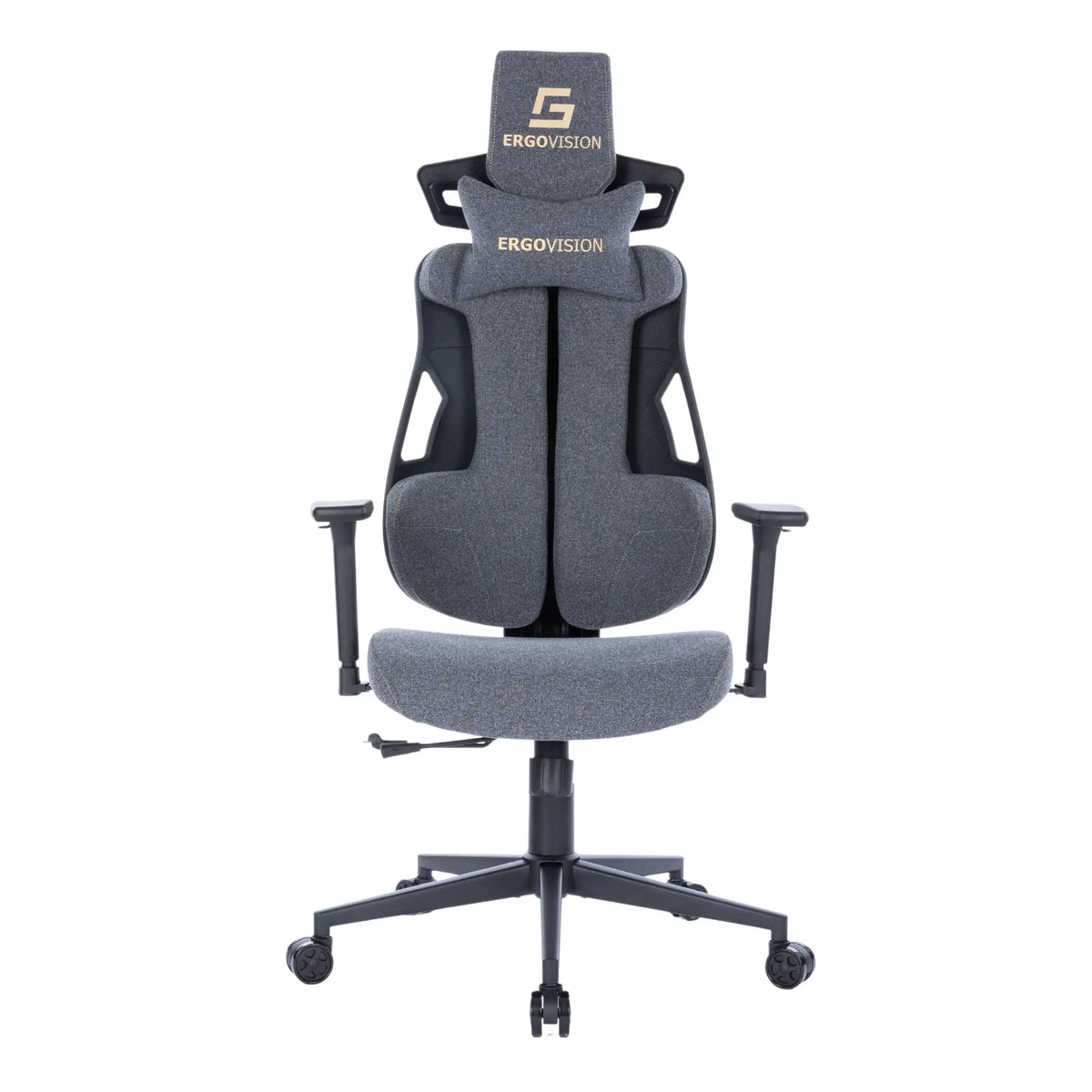 Slika prikazuje ergonomsku gaming stolicu, točnije model Ergovision Spartacus. Odlikuje se modernim dizajnom sa sivom presvlakom od tkanine, podesivim naslonima za ruke i visokim naslonom za leđa za potporu. Stolica je opremljena naslonom za glavu i ima čvrstu bazu s kotačićima za mobilnost.