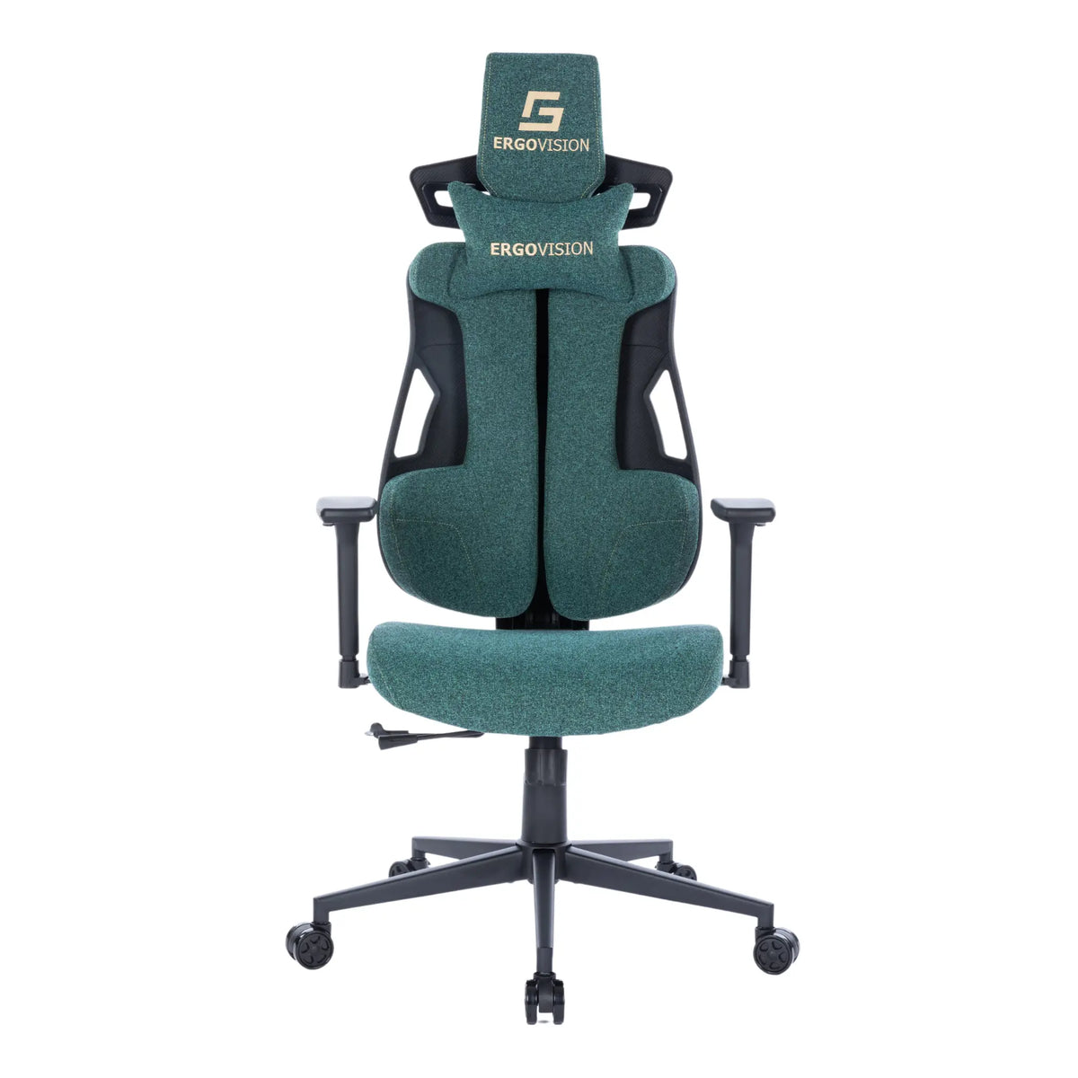 Slika prikazuje model ergonomske gaming stolice pod nazivom Spartacus marke Ergovision. Stolica je dizajnirana sa zelenom presvlakom od tkanine, pružajući udobnost i potporu, te uključuje podesive naslone za ruke i naslon za glavu za poboljšanu ergonomiju.