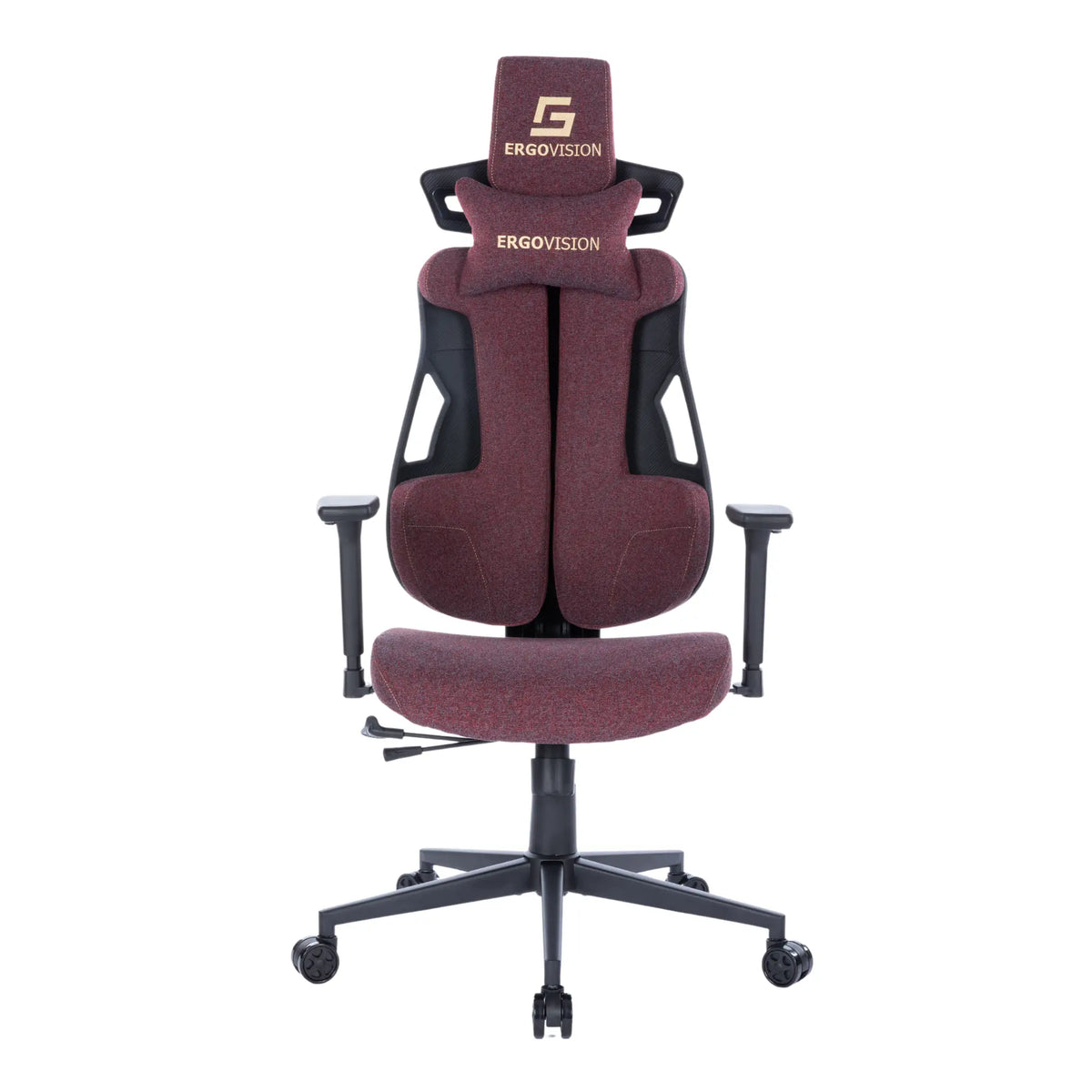 Slika prikazuje model ergonomske gaming stolice pod nazivom Spartacus marke Ergovision. Stolica ima bordo presvlaku od tkanine s visokim naslonom za leđa, podesivim naslonima za ruke i potpornim naslonom za glavu, dizajniranim za udobnost tijekom dugih gaming ili uredskih sesija.