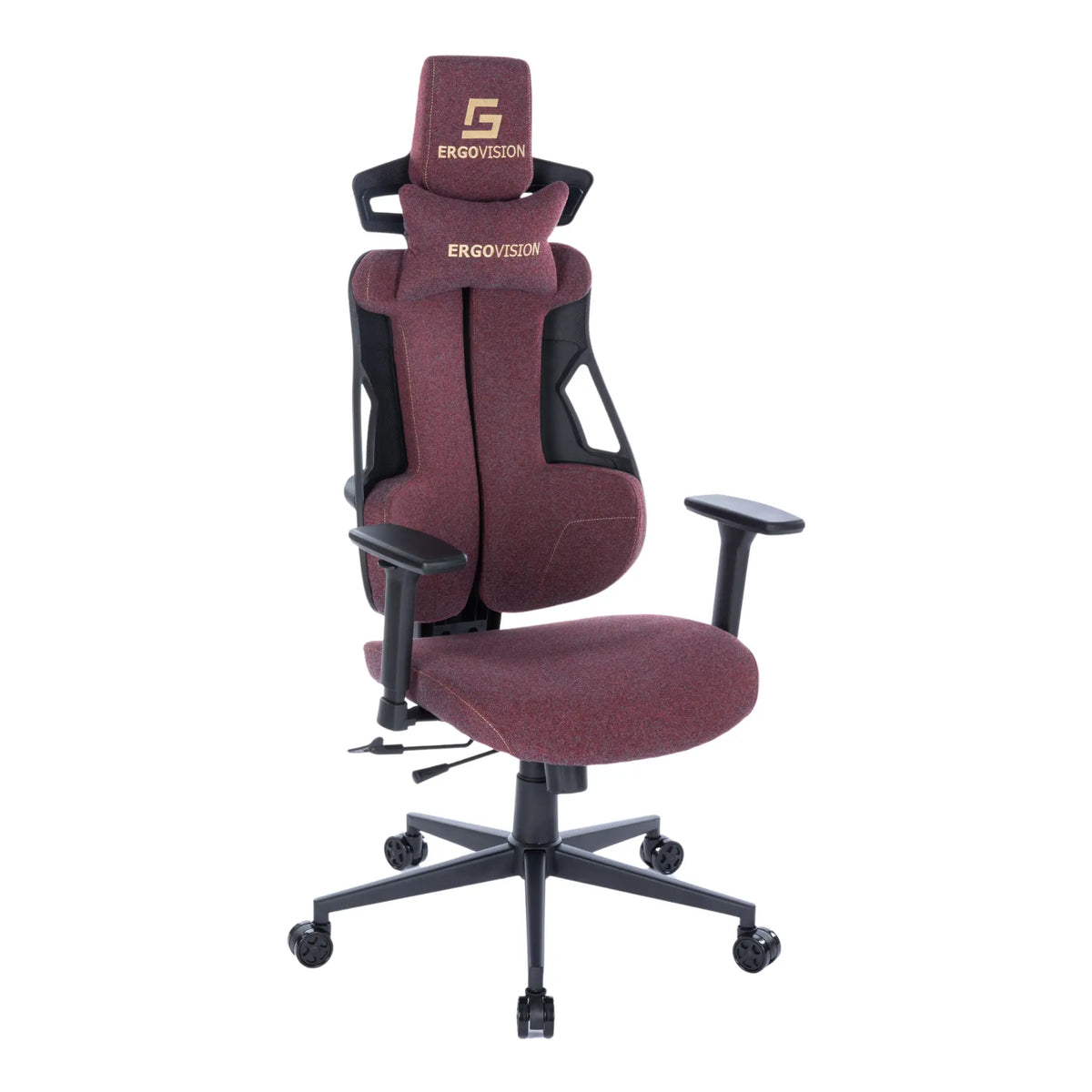 Slika prikazuje model ergonomske gaming stolice "Spartacus" marke Ergovision. Stolica ima moderan dizajn s bordo presvlakom od tkanine, visokim naslonom za leđa za potporu i podesivim naslonima za ruke. Također uključuje naslon za glavu za dodatnu udobnost, što je čini prikladnom za duge gaming ili uredske sesije.