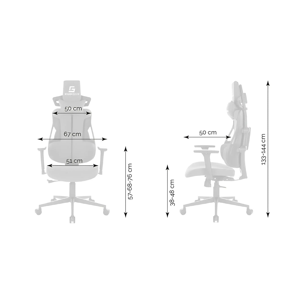Slika prikazuje gaming stolicu, točnije model Spartacus marke Ergovision. Odlikuje se ergonomskim dizajnom s podesivom visinom i naslonima za ruke, s ciljem pružanja udobnosti tijekom dugih gaming sesija. Također su prikazane dimenzije stolice, što ukazuje na njezinu prikladnost za različite visine korisnika.