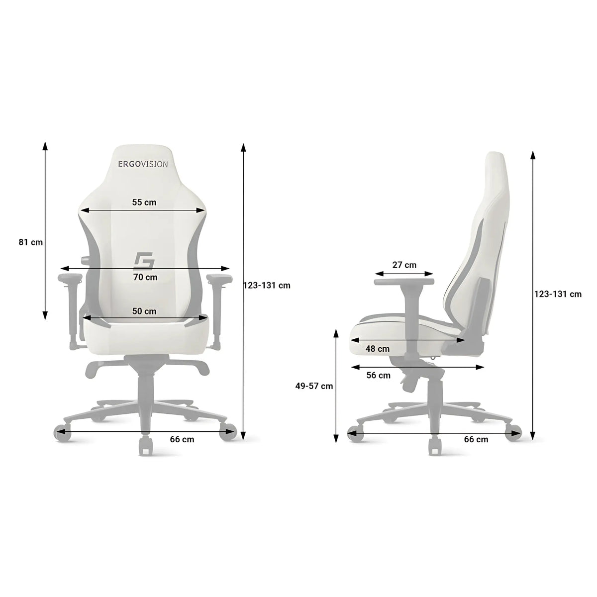 Slika prikazuje ergonomsku gaming stolicu dizajniranu za udobnost i potporu tijekom dugih gaming sesija. Marka je Ergovision, a model nije naveden, ali je vjerojatno dio njihove linije gaming stolica. Stolica je prikazana iz više kutova, ističući njezine dimenzije, uključujući visinu, širinu i dubinu sjedala, zajedno s podesivim naslonima za ruke i elegantnim dizajnom.