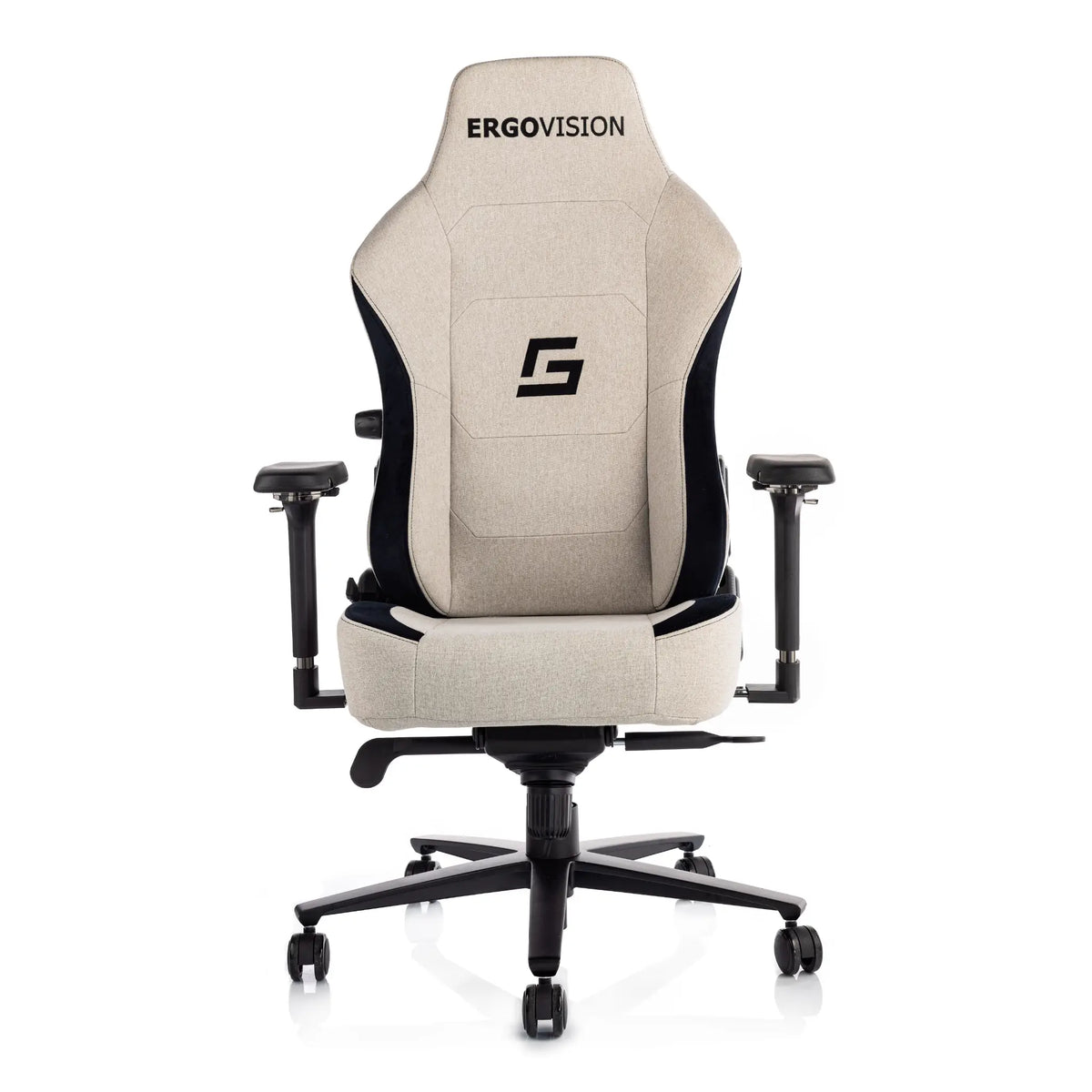 Proizvod je ergonomska gaming stolica, točnije "gaming-chair-throne" marke Ergovision. Stolica se odlikuje elegantnim dizajnom sa svijetlo bež tkaninom i crnim detaljima, uključujući podesive naslone za ruke i visoki naslon za leđa za udobnost tijekom dugih gaming sesija.