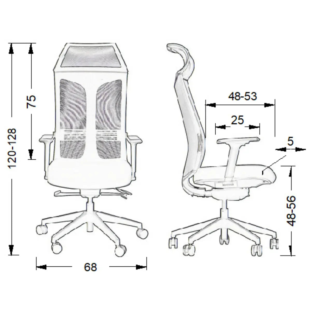 Proizvod je ergonomska uredska stolica, točnije gaming stolica Ryder. Slika prikazuje tehnički crtež stolice s prednje i bočne strane, ističući njezinu podesivu visinu i dimenzije. Odlikuje se modernim dizajnom s mrežastim naslonom za ventilaciju i udobnost, uz naslone za ruke i čvrstu bazu s kotačićima za mobilnost.