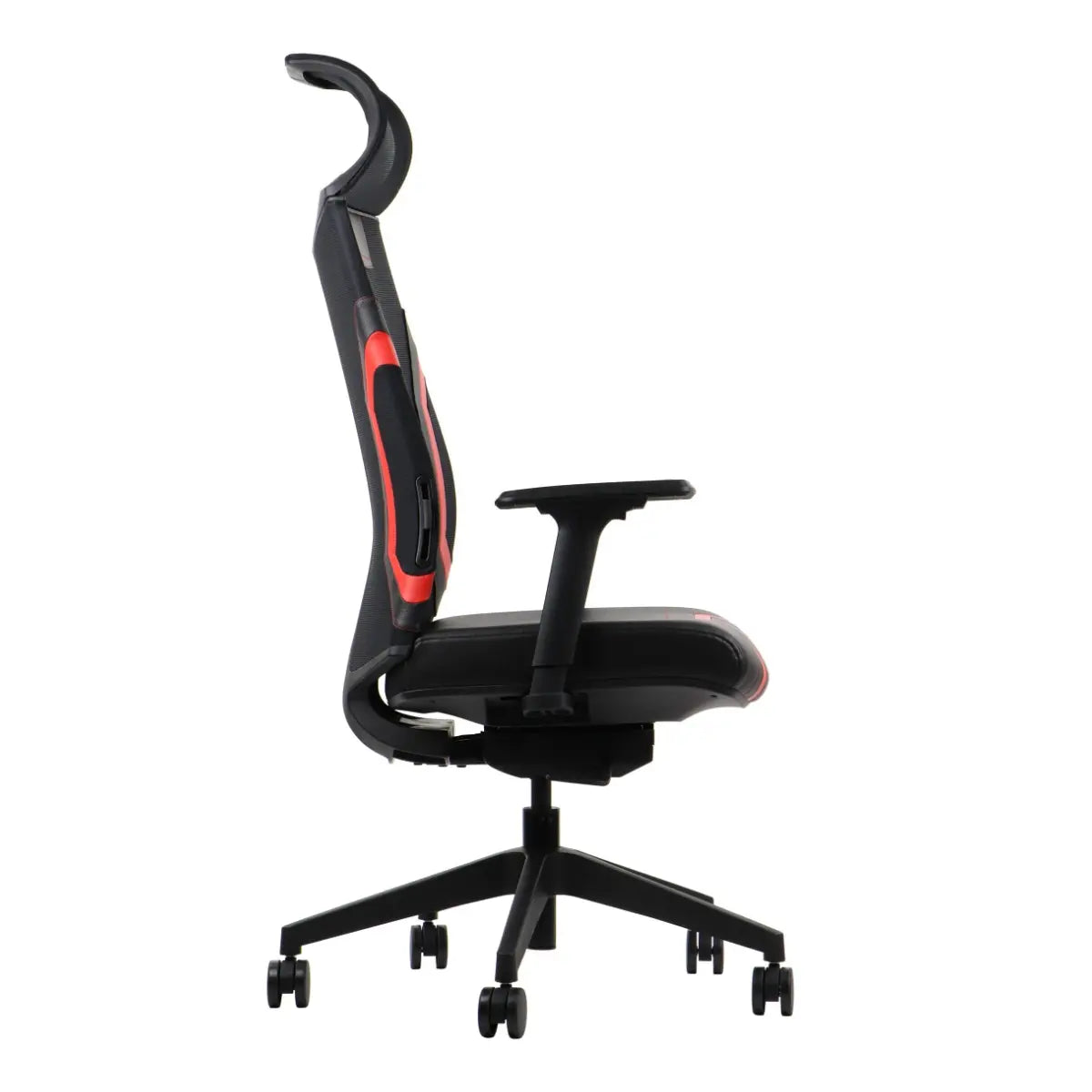 Proizvod je ergonomska gaming stolica, točnije model Ryder Extreme. Slika prikazuje stolicu sa strane, ističući njezin elegantan dizajn s crno-crvenom shemom boja, podesivim naslonima za ruke i visokim naslonom za potporu. Stolica ima moderno postolje s kotačićima za mobilnost.