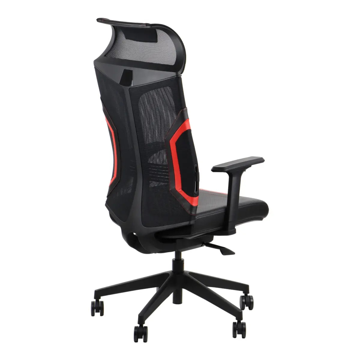 Slika prikazuje ergonomsku gaming stolicu, točnije model Ryder Extreme. Ima elegantan dizajn s crno-crvenom shemom boja, ističući visoki naslon za leđa od mrežaste tkanine za prozračnost i udobnost. Stolica je postavljena na bazu s pet krakova s kotačićima za mobilnost, a nasloni za ruke su podesivi, što poboljšava njezine ergonomske značajke.