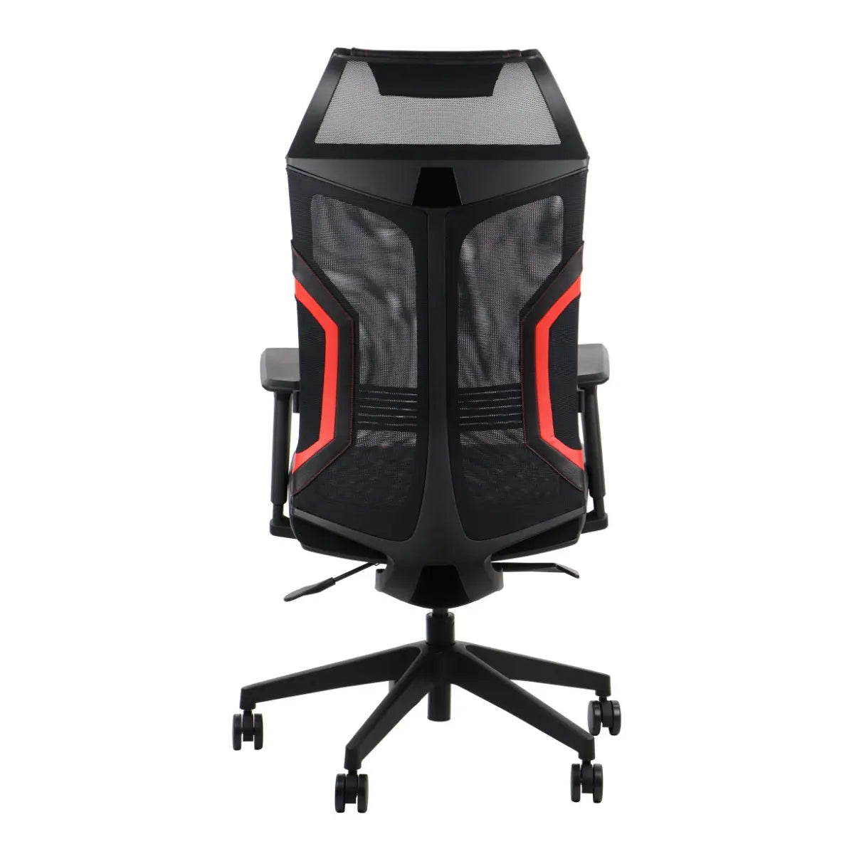Proizvod je gaming stolica, konkretno model Ryder Extreme. Slika prikazuje stražnji izgled stolice, s elegantnim dizajnom s crnom mrežastom tkaninom i crvenim detaljima, naglašavajući njezine ergonomske značajke i modernu estetiku. Stolica je montirana na bazu s pet krakova s kotačićima za mobilnost.