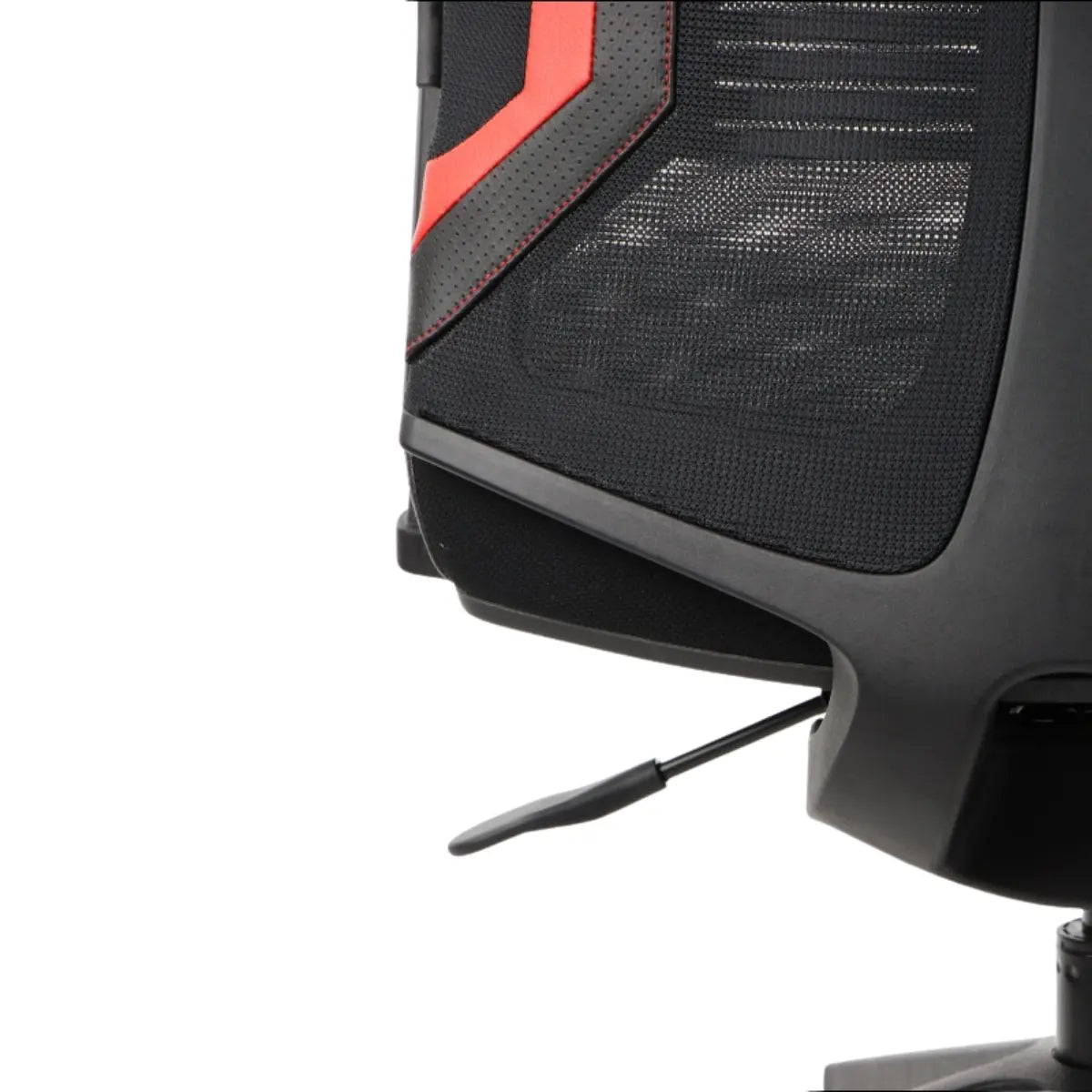 Slika prikazuje gaming stolicu, točnije model Ryder Extreme. Ima elegantan dizajn s crno-crvenom shemom boja, s mrežastim naslonom za leđa za prozračnost. Na bočnoj strani vidljiva je poluga, vjerojatno za podešavanje visine ili nagiba stolice.