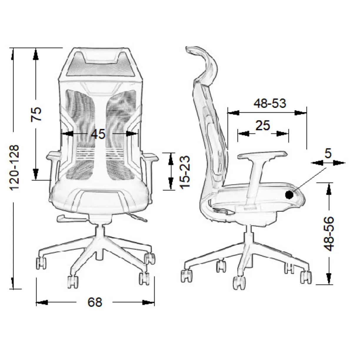 Slika prikazuje gaming stolicu, točnije model Ryder Extreme. Odlikuje se ergonomskim dizajnom pogodnim za duge sate korištenja, s podesivom visinom i naslonima za ruke. Stolica ima moderan izgled s mrežastim naslonom za prozračnost i udobnost, uz prikazane dimenzije za optimalno pristajanje.
