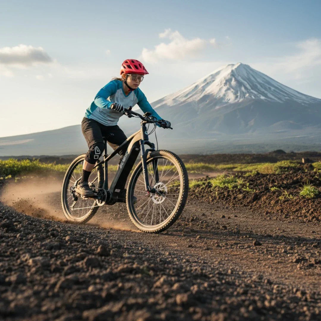 Žena vozi gorski električni bicikl Econo Gams MTB C5 na zemljanom putu ispred planine