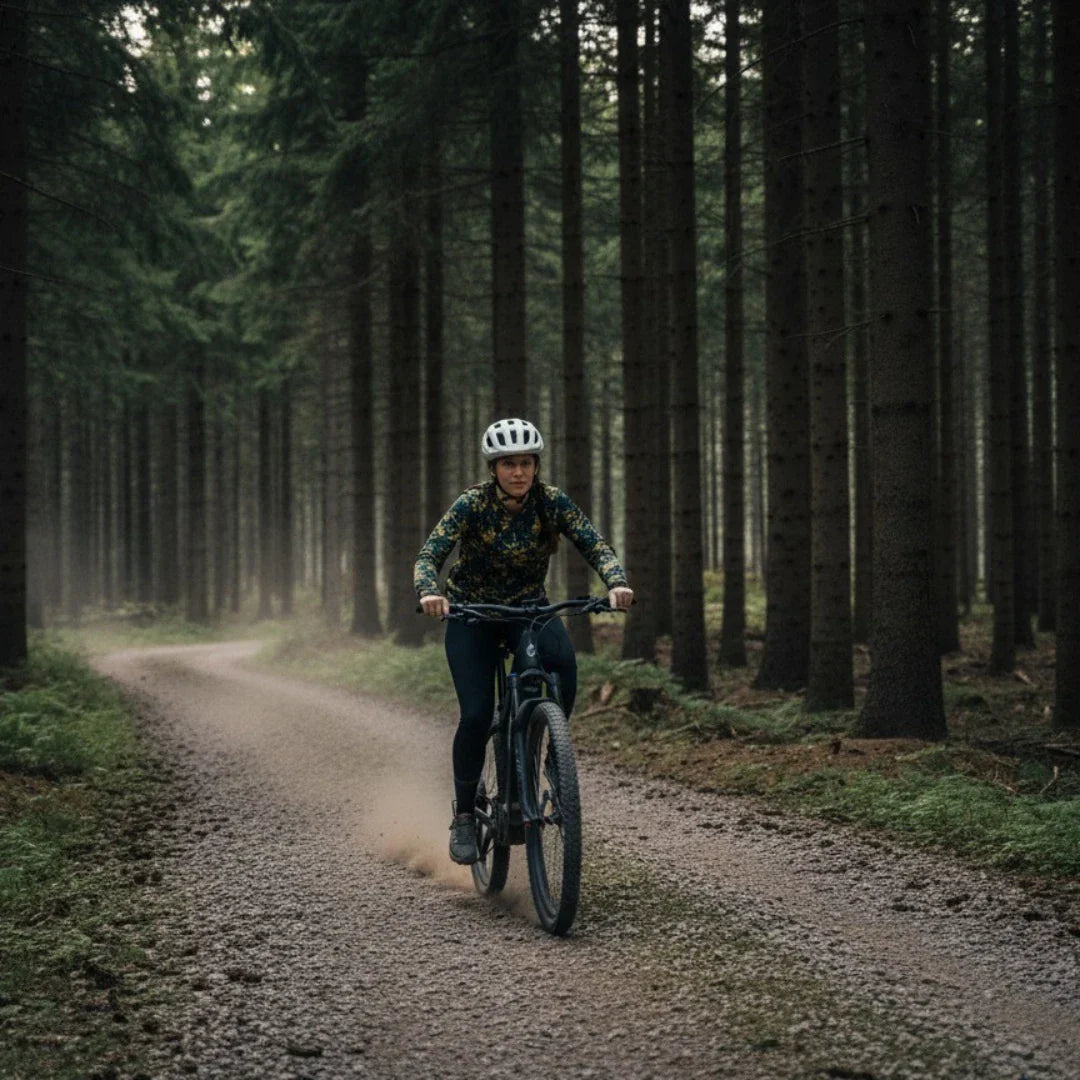 Žena vozi crni električni brdski bicikl Econo Gams MTB C5 po šumskom putu, pogled sprijeda