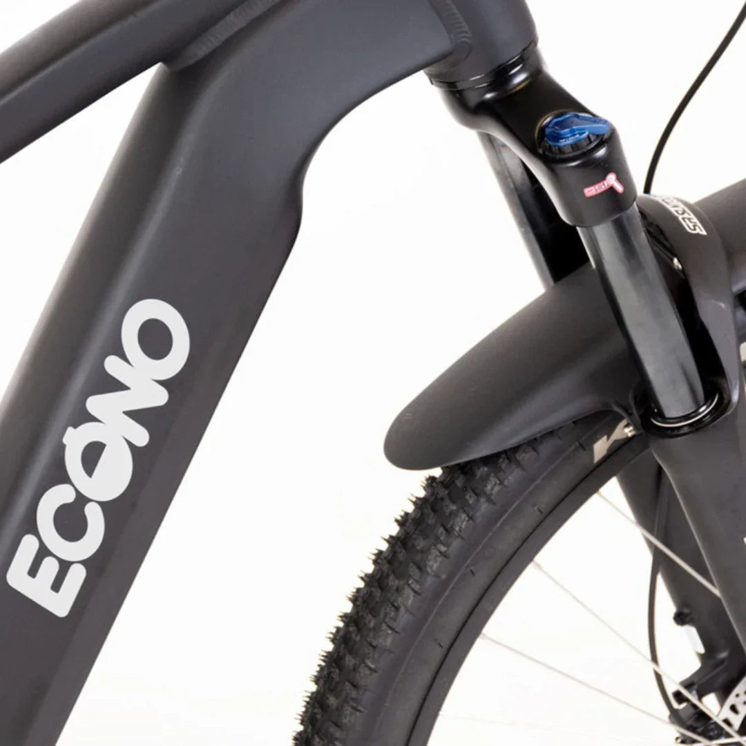 Krupni plan crnog okvira i prednje vilice električnog brdskog bicikla Econo Gams MTB C5