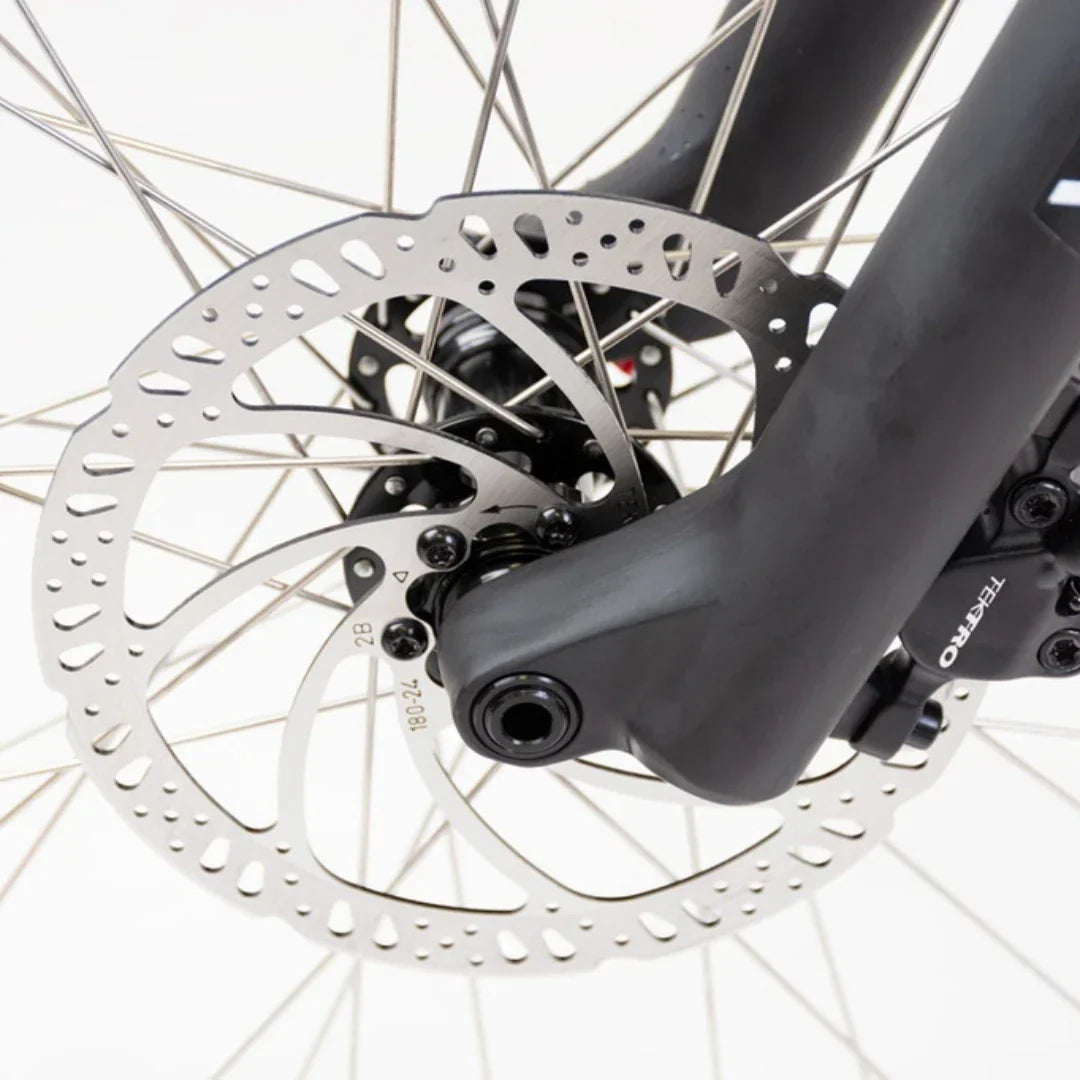 Detalj prednje disk kočnice i vilice na električnom biciklu Econo Gams MTB C5-1