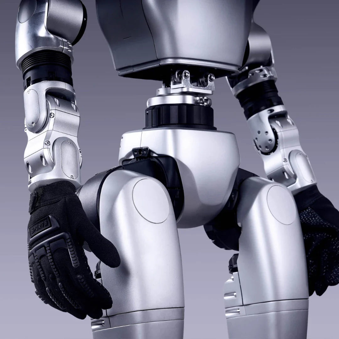Humanoidni robot Unitree G1 srebrni torzo i ruke s crnim sportskim rukavicama detaljan prikaz