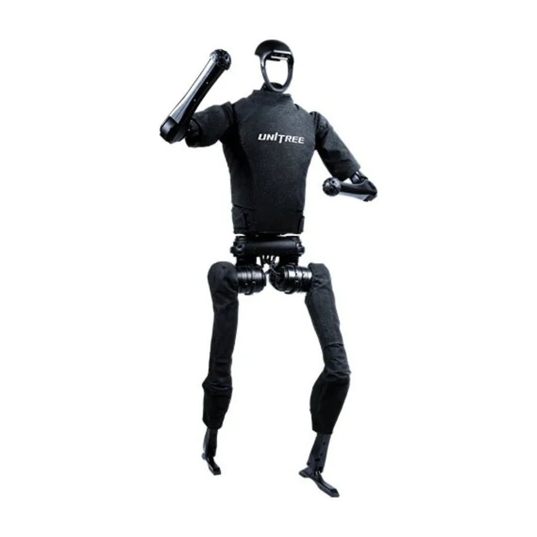 Humanoidni robot Unitree H1 crne boje u stojećem položaju na bijeloj pozadini