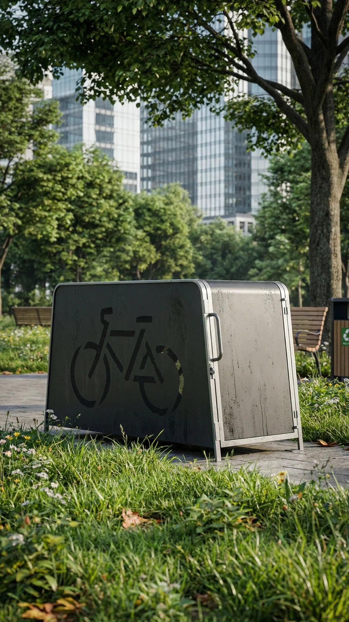 Kaluu City Box metalni spremnik za bicikle u parku s perforiranim motivom bicikla bočni pogled