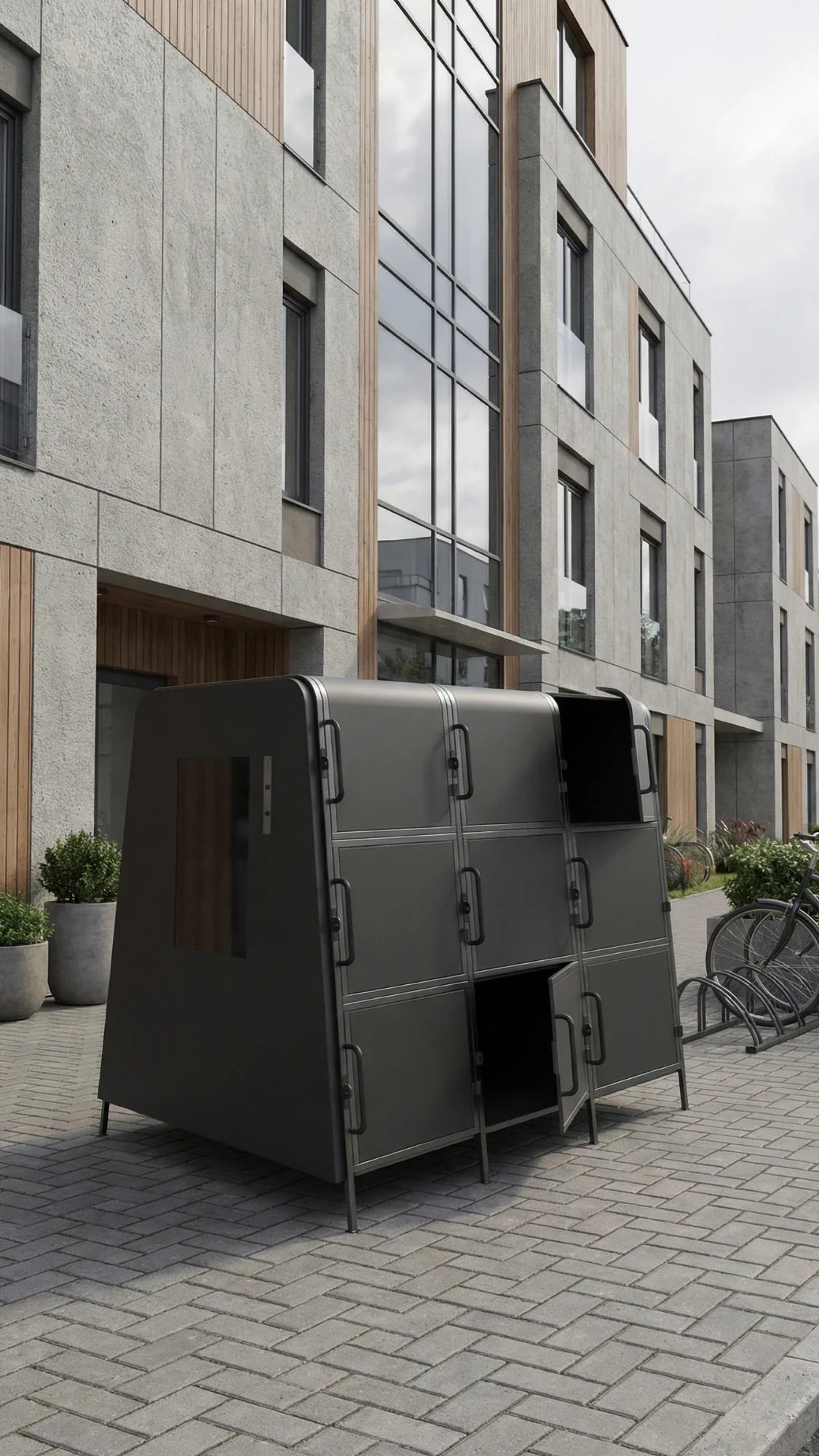 Kaluu Scooter Box vanjska siva metalna garaža za električne romobile s otvorenim vratima