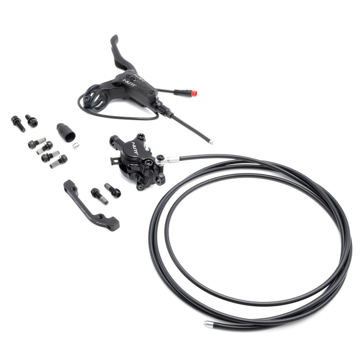 Crne hidraulične kočnice Nutt za romobil Kaabo Wolf King s ručicom, čeljusti i vijcima na bijeloj