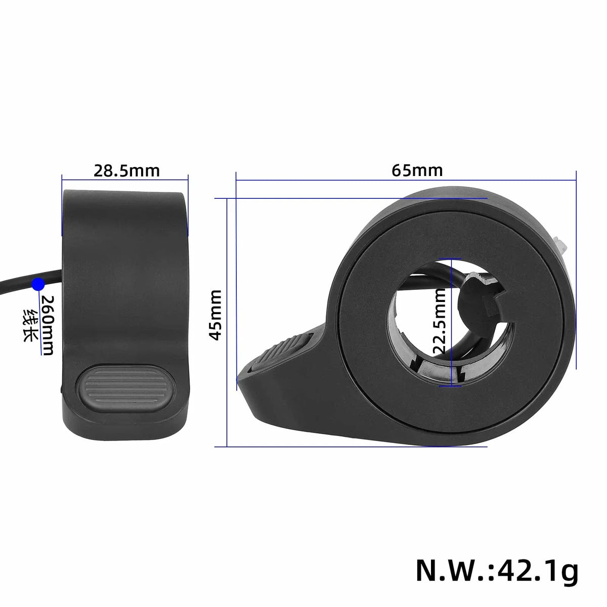Crna originalna ručica za gas za električni romobil Xiaomi 5 Pro s prikazom dimenzija iz dva kuta