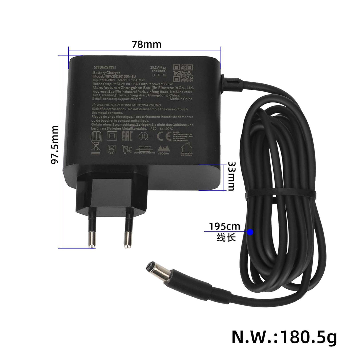 Originalni Xiaomi 24.2V 1.5A punjač za električni romobil 4 Lite 2nd Gen s prikazanim dimenzijama