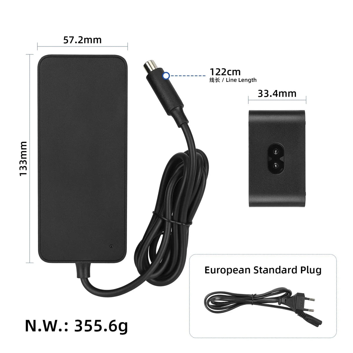 Originalni punjač 42V 1.7A za Xiaomi Essential romobil s prikazom dimenzija i europskim utikačem