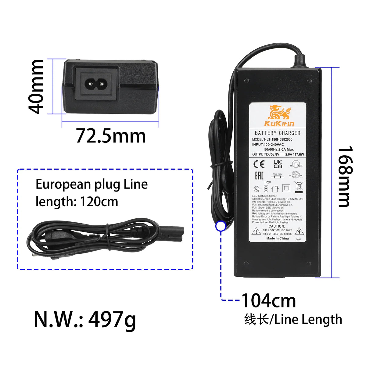 Originalni KuKirin punjač 58.8V 2A s dimenzijama i prikazom kabela za električni romobil G2 Master