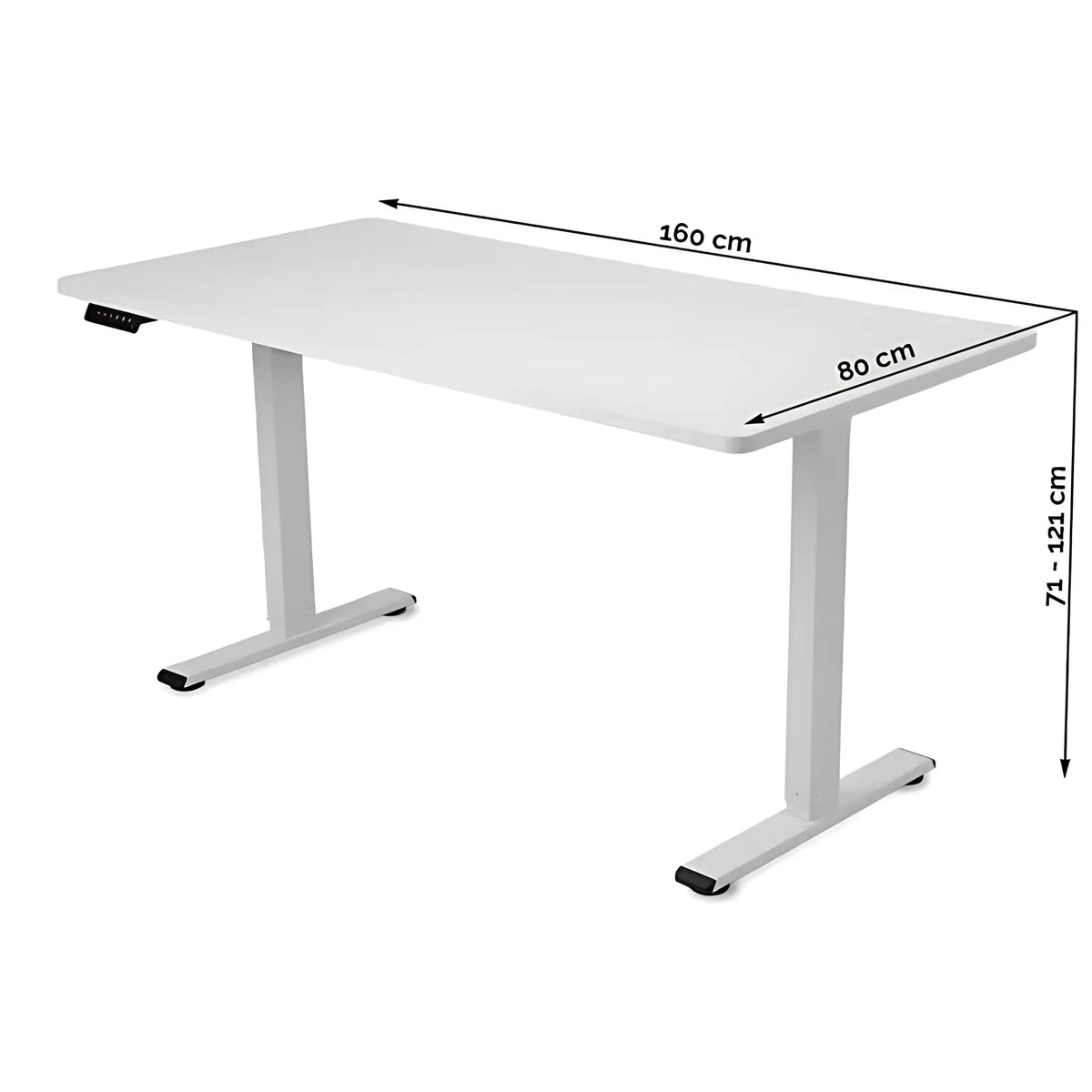 Proizvod je podizni stol, točnije marke Clever. Ima elegantnu, bijelu ploču stola dimenzija 160 cm puta 80 cm, s podesivim postavkama visine u rasponu od 71 cm do 121 cm. Stol ima moderan dizajn s čvrstim nogama i upravljačkom pločom za podešavanje visine.