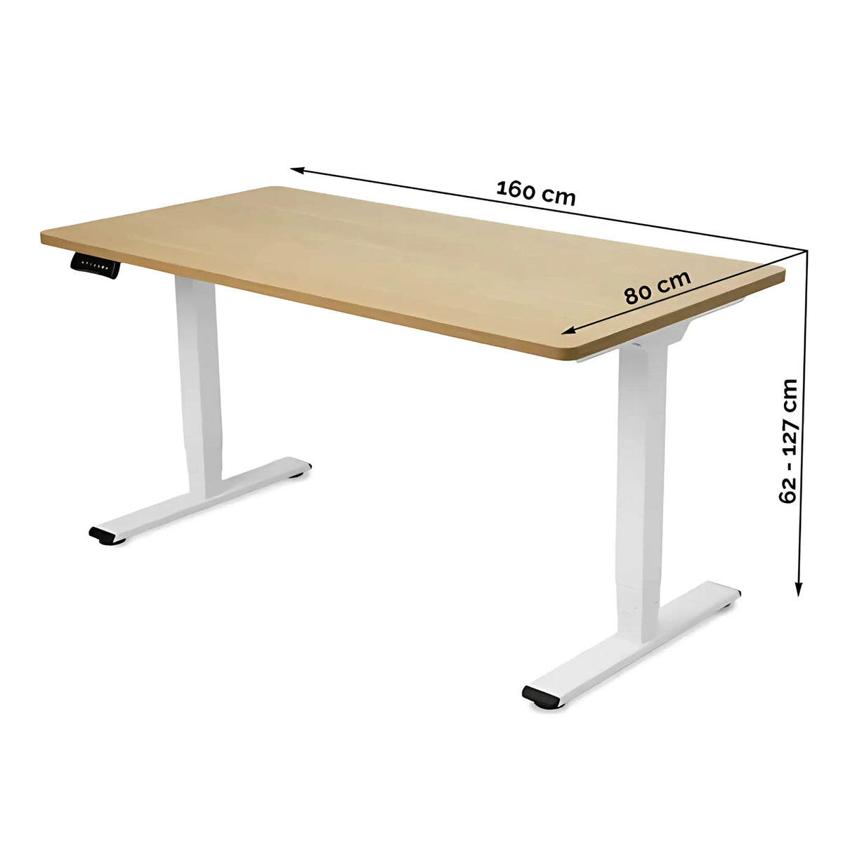 Slika prikazuje podizni stol, točnije model Supra. Ima pravokutnu drvenu ploču dimenzija 160 cm sa 80 cm, poduprtu bijelim metalnim okvirom. Stol je podesiv po visini u rasponu od 62 cm do 127 cm, što ga čini prikladnim i za sjedeći i za stojeći položaj.
