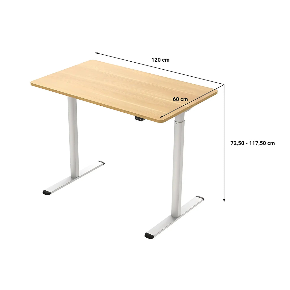 Proizvod je podizni stol, točnije model "Vital". Stol ima svijetlu drvenu površinu širine 120 cm i dubine 60 cm. Ima podesive postavke visine u rasponu od 72.5 cm do 117.5 cm, podržane elegantnim srebrnim postoljem.