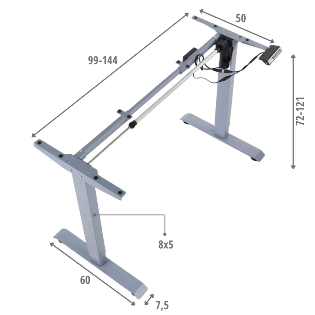 Proizvod je postolje podiznog stola, konkretno model Prato. Odlikuje se elegantnim dizajnom s podesivim postavkama visine u rasponu od 72 do 121 cm i širinom koja se može podesiti između 99 i 144 cm. Okvir je izrađen od metala i dolazi u sivoj završnoj obradi, s vidljivom upravljačkom pločom za podešavanje visine.