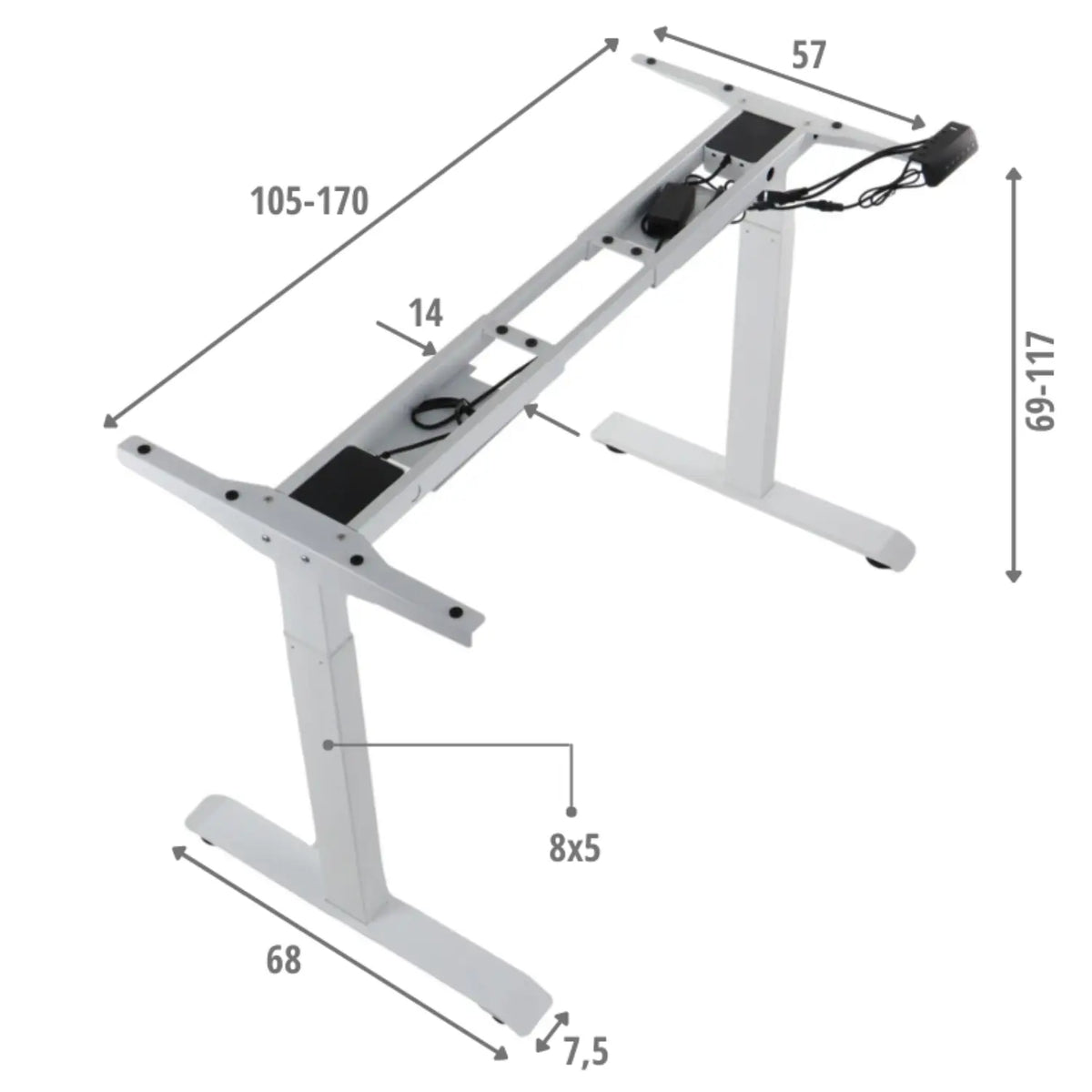 Proizvod je postolje podiznog stola, točnije model Prato. Slika prikazuje bijelo postolje s podesivim postavkama visine u rasponu od 69 do 117 cm. Odlikuje se minimalističkim dizajnom s naznačenim dimenzijama za različite komponente, uključujući prostor za ožičenje.